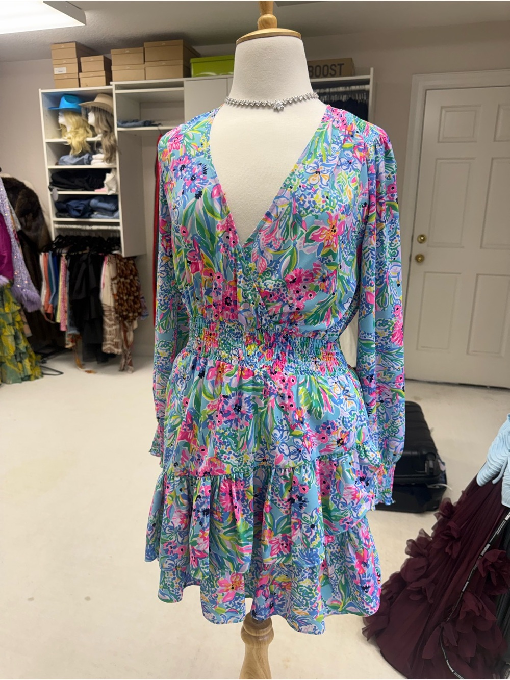 Lilly Pulitzer Blue Multi Floral Long-Sleeve Smocked Dress